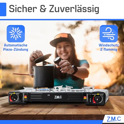 Detalle de Z.M.C Gaskocher Campingkocher 2-flammig mit Grillplatte und 4x 227 g Kartuschen