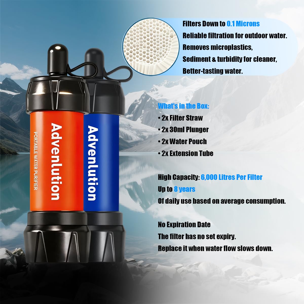 Detalle de Advenlution 2-Pack Water Filter Straw 0.01 Micron — Personal Survival Filtration for Camping and Hiking