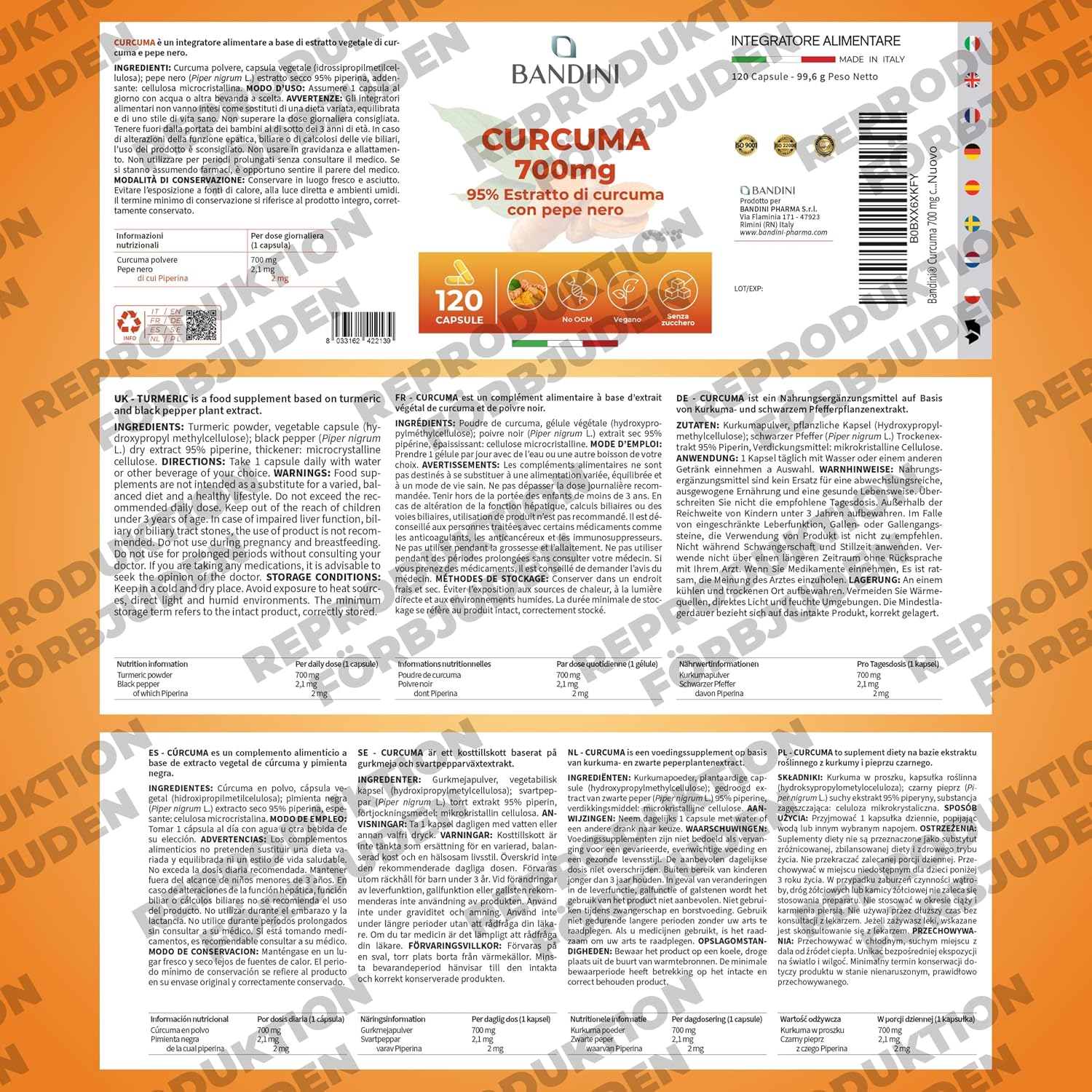 Detalle de BANDINI Turmeric gurkmejakapslar, 120 kapslar med svartpeppar och piperin