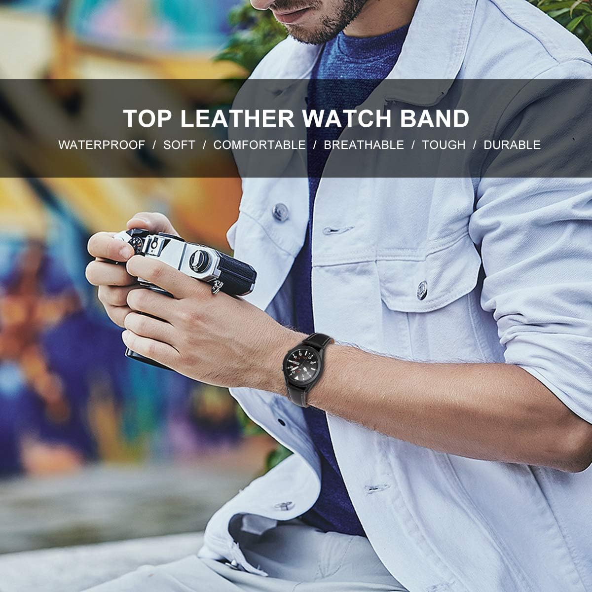 Detalle de INF Armband für Samsung Galaxy Watch 3 (45 mm) aus echtem Leder, schwarz