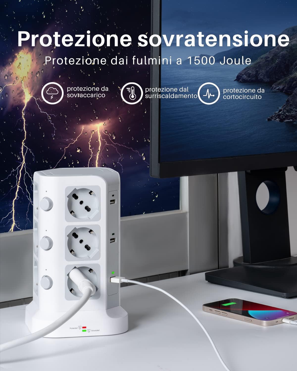 Thumbnail 2 de KOOSLA Ciabatta Elettrica con 12 prese universali ITA, 6 USB-A e protezione sovratensione