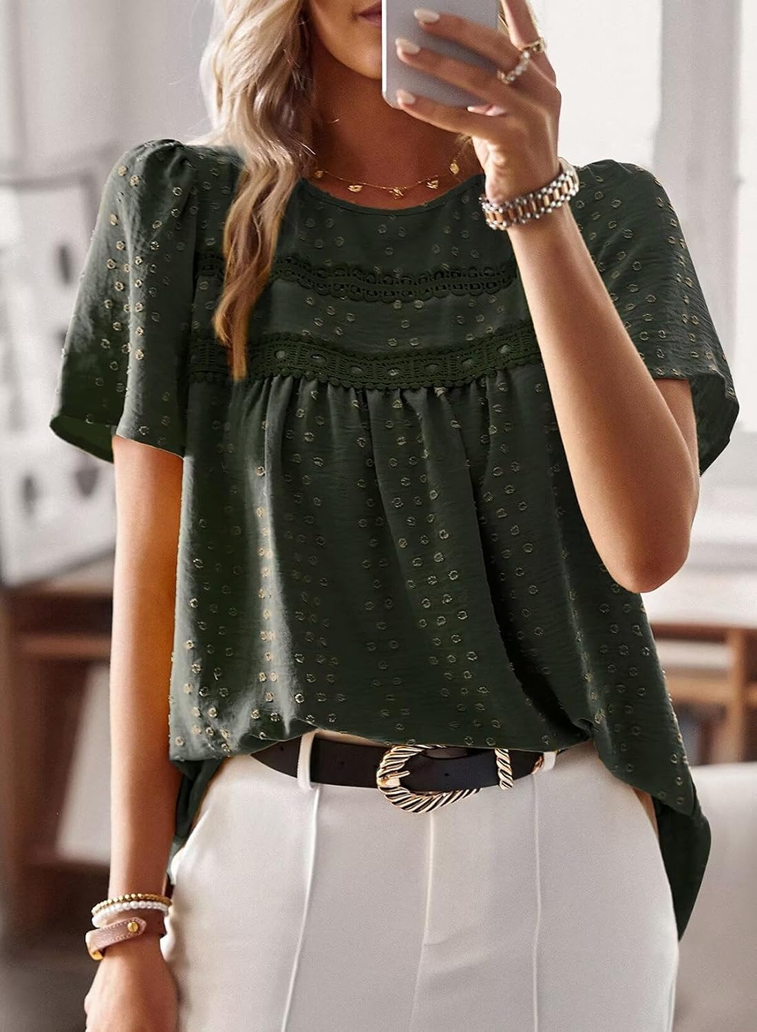 Detalle de Falechay Summer Boho Blouse for Women with Round Neck, Crochet Lace Edges, and Flowy Hem