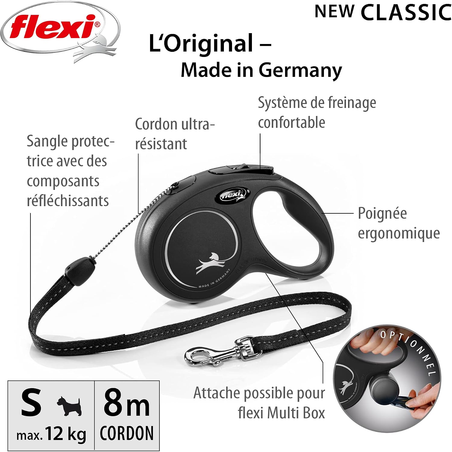 Detalle de flexi Classic S — Laisse rétractable à corde de 8 m pour chiens jusqu'à 12 kg (Noir)