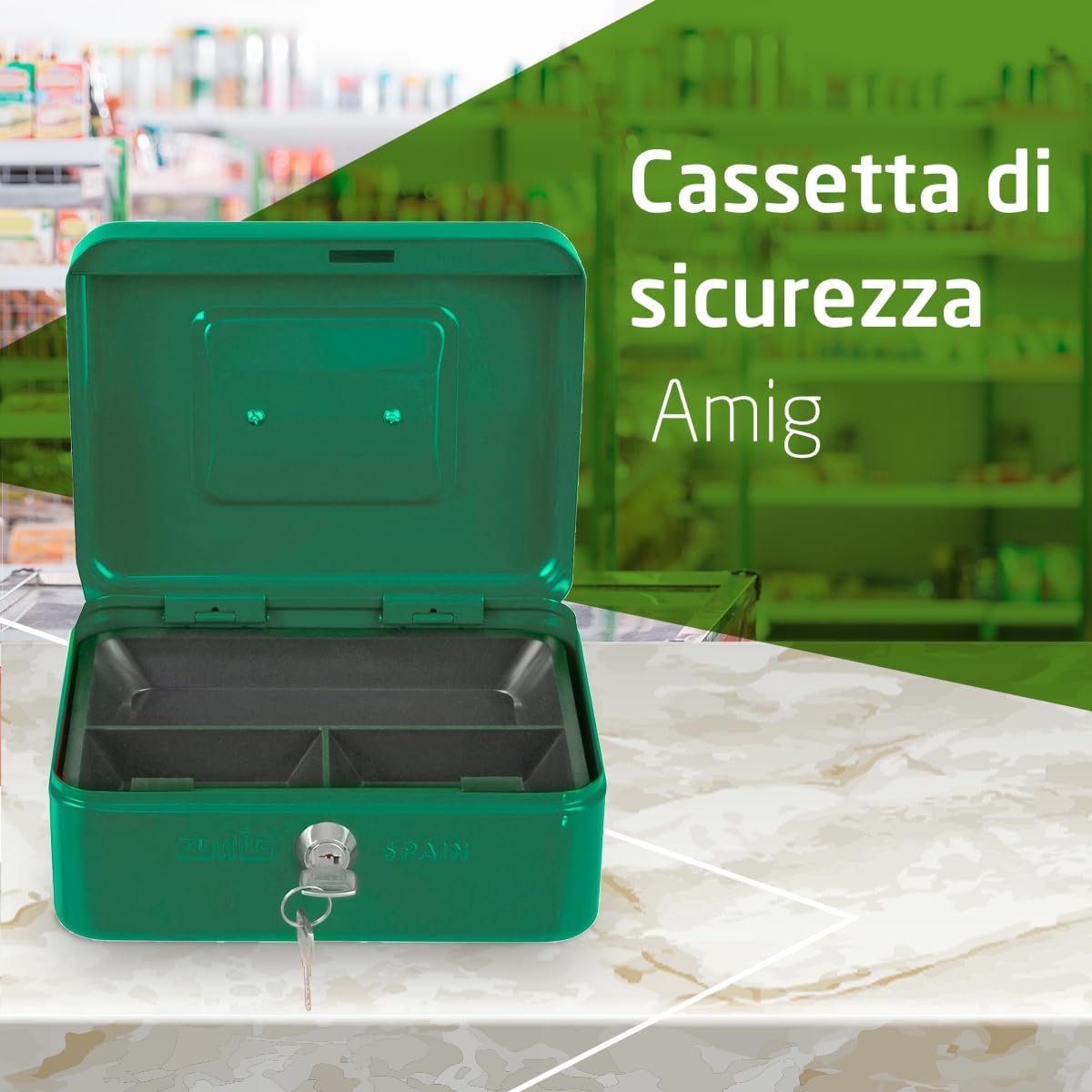Thumbnail 1 de Amig - Cassetta portavalori in acciaio verde con vassoio monete e serratura a 2 chiavi (200 x 160 x 90 mm)
