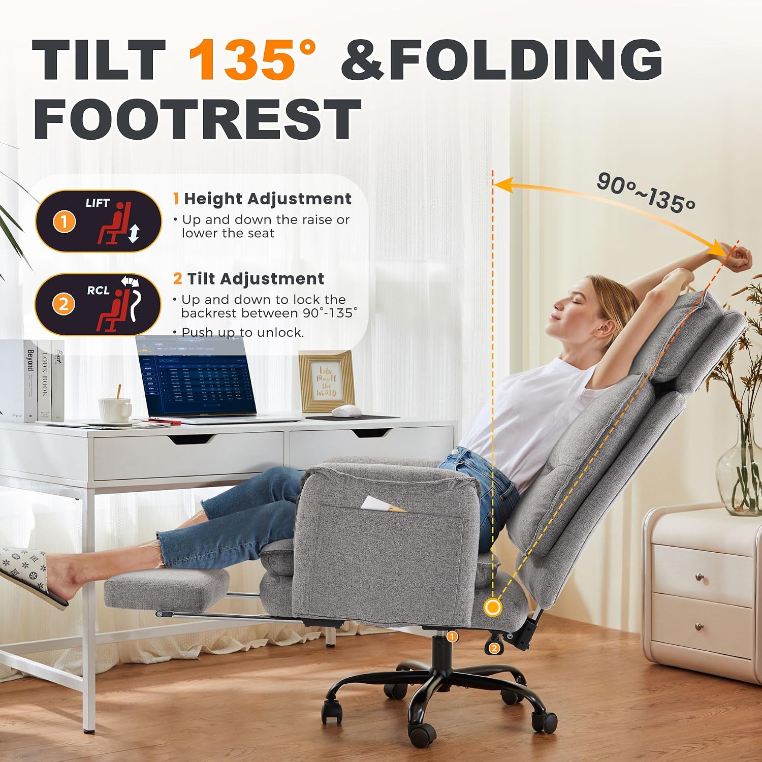 Thumbnail 6 de IWMH Ergonomischer Bürostuhl XXL 227 kg – Chefsessel mit Fußstütze, Kopfstütze und 135° Neigefunktion (Grau)