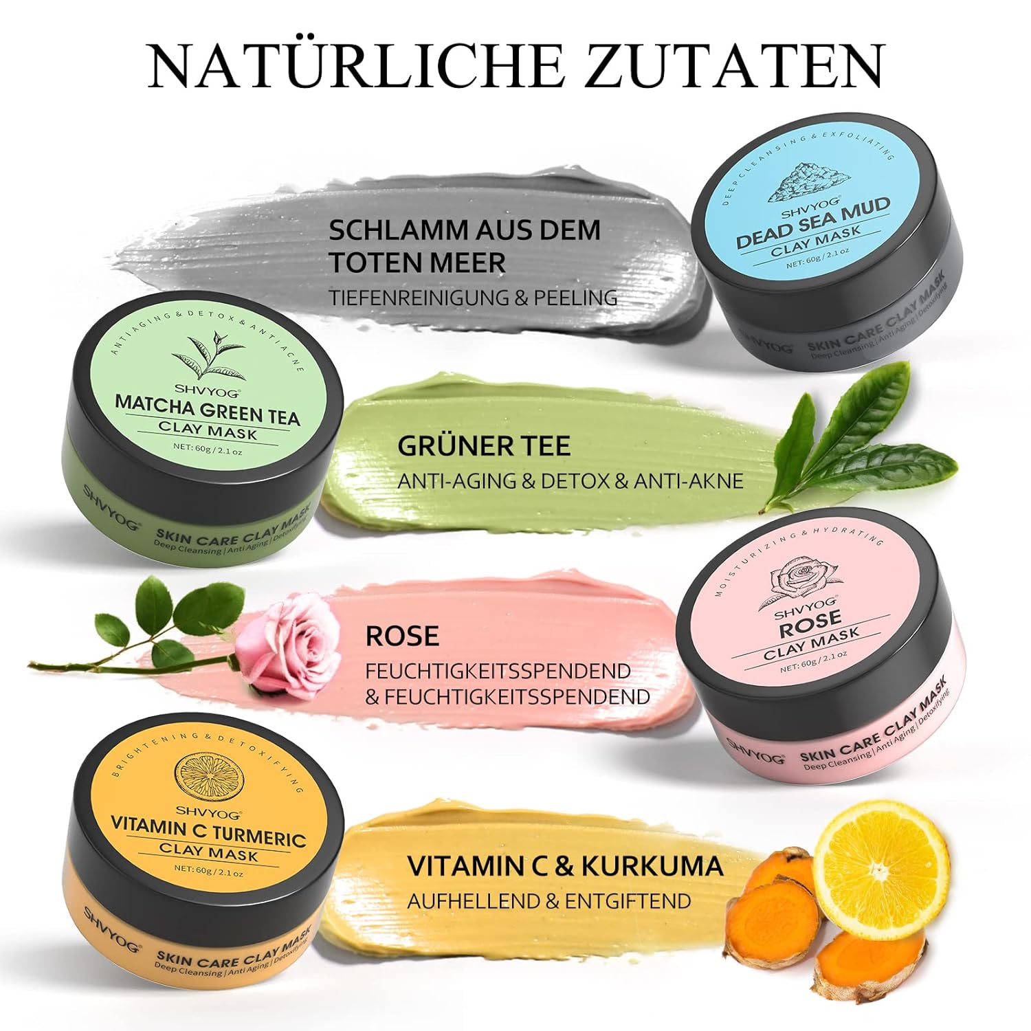 Thumbnail 1 de Ton-Gesichtsmasken-Kit (4-in-1) mit Vitamin-C-Kurkuma-, Totes-Meer-Schlamm-, Grüntee- und Rosentonerde-Maske, 240 g