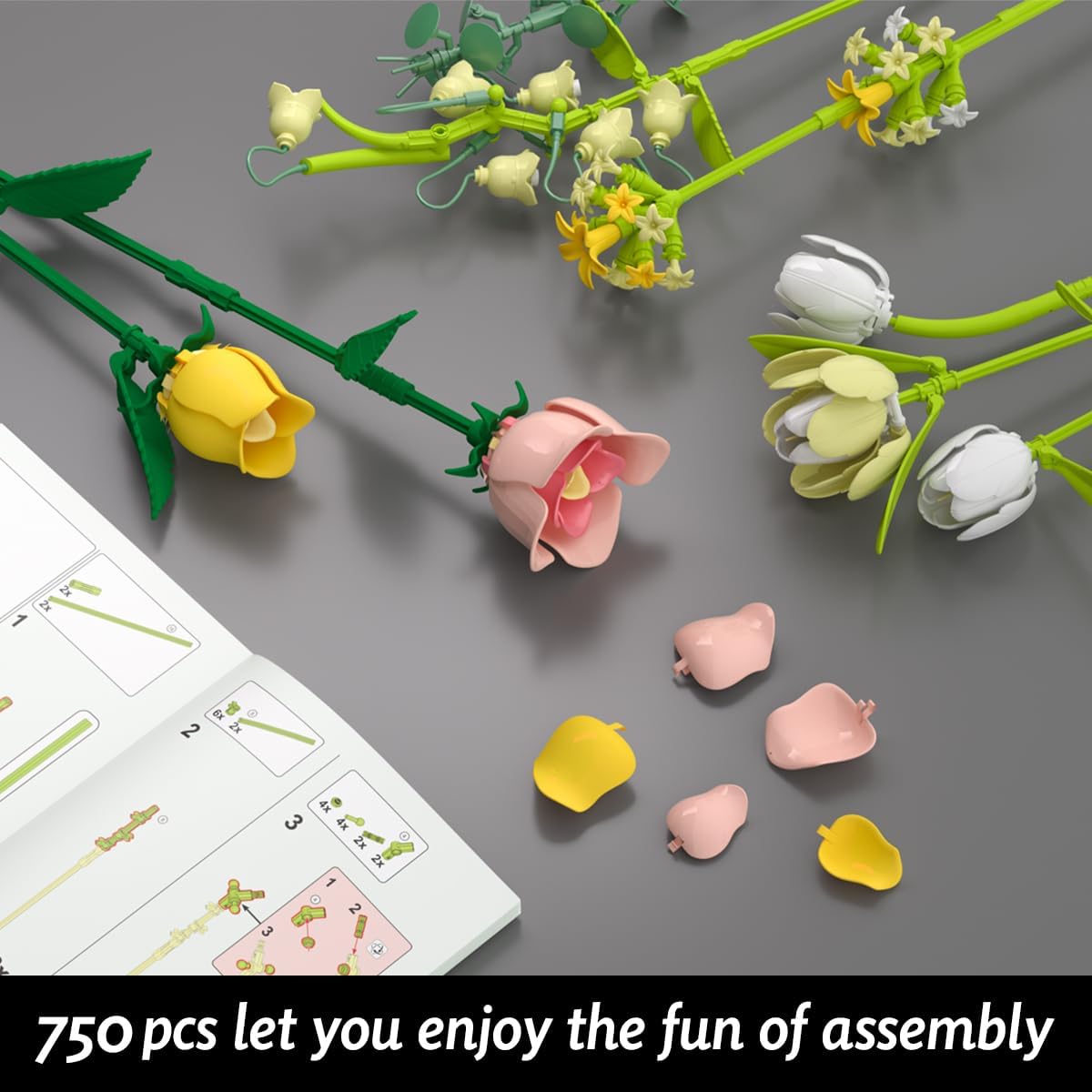 Thumbnail 3 de Tulip Rose Flowers Bouquet Building Set with Adjustable Stems and Petals