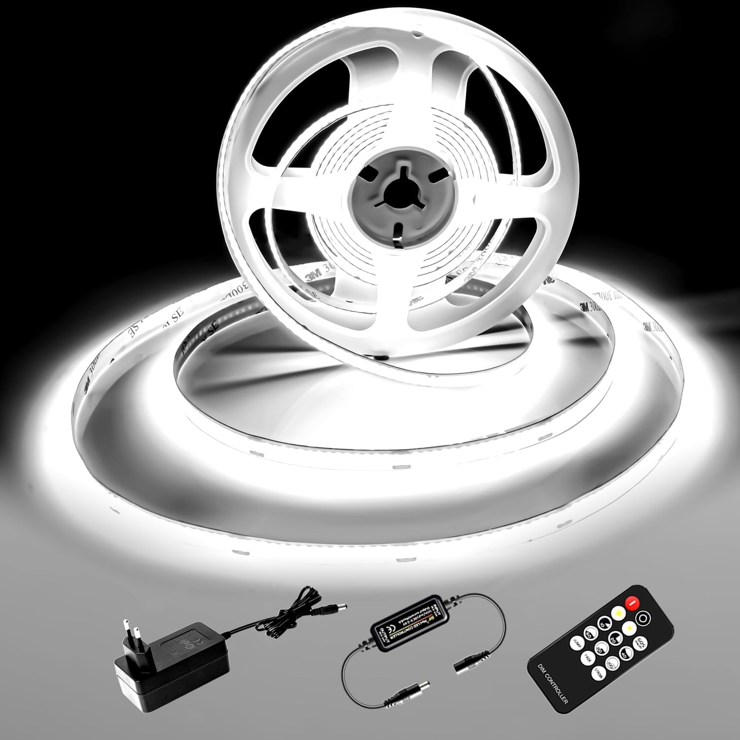 Detalle de luktix COB LED Streifen 5M – 6000K, 24V, dimmbar mit Fernbedienung und Netzteil