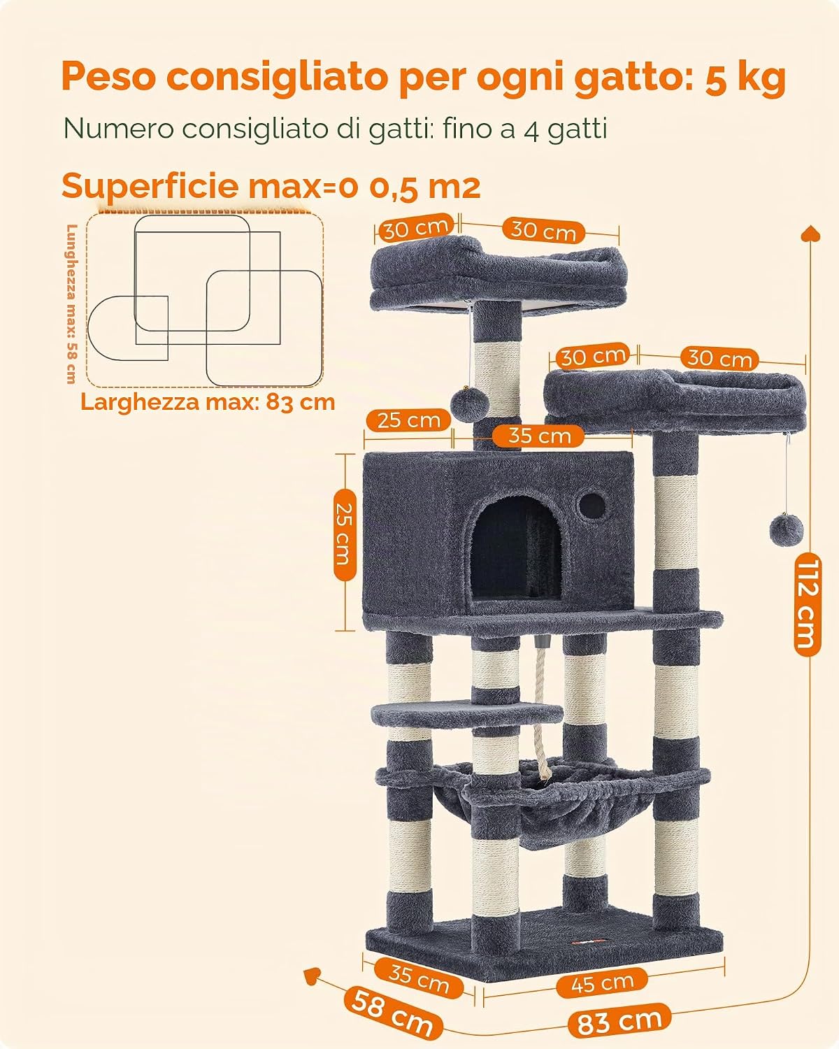 Detalle de Feandrea Albero per Gatti Alto 112 cm, Tiragraffi Multilivello con 11 Pali, 2 Posatoi, Grotta, Amaca e Pompon – Grigio Fumo