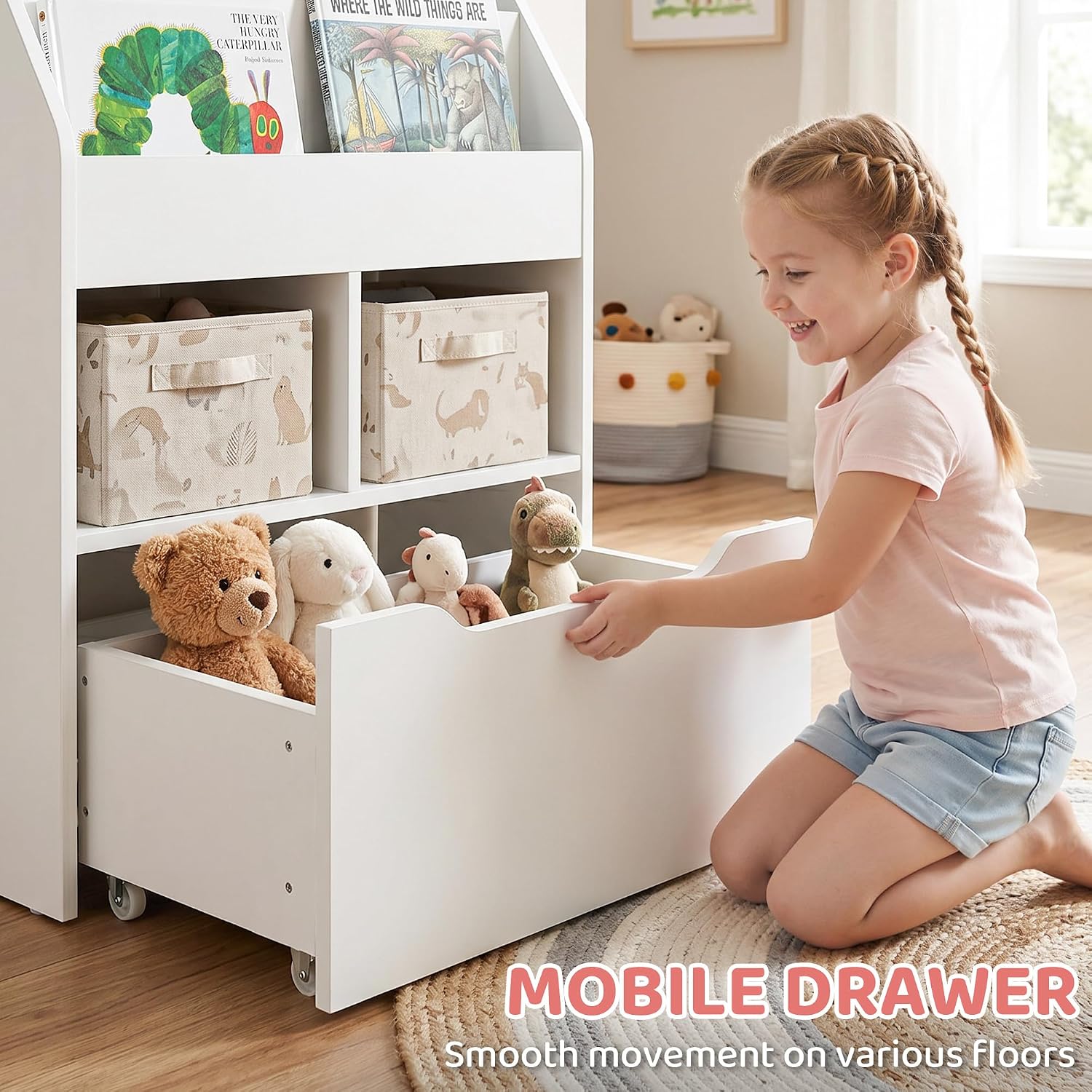 Thumbnail 5 de HOMCOM Kids Bookshelf with Moveable Drawer – Montessori-Inspired White Bookcase on Wheels