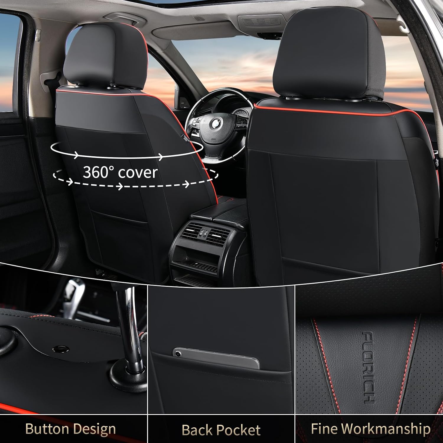 Detalle de FLORICH Leather Seat Covers (Front & Rear) for 5 Seats — Universal Fit, Waterproof Faux Leather, Black & Red Line