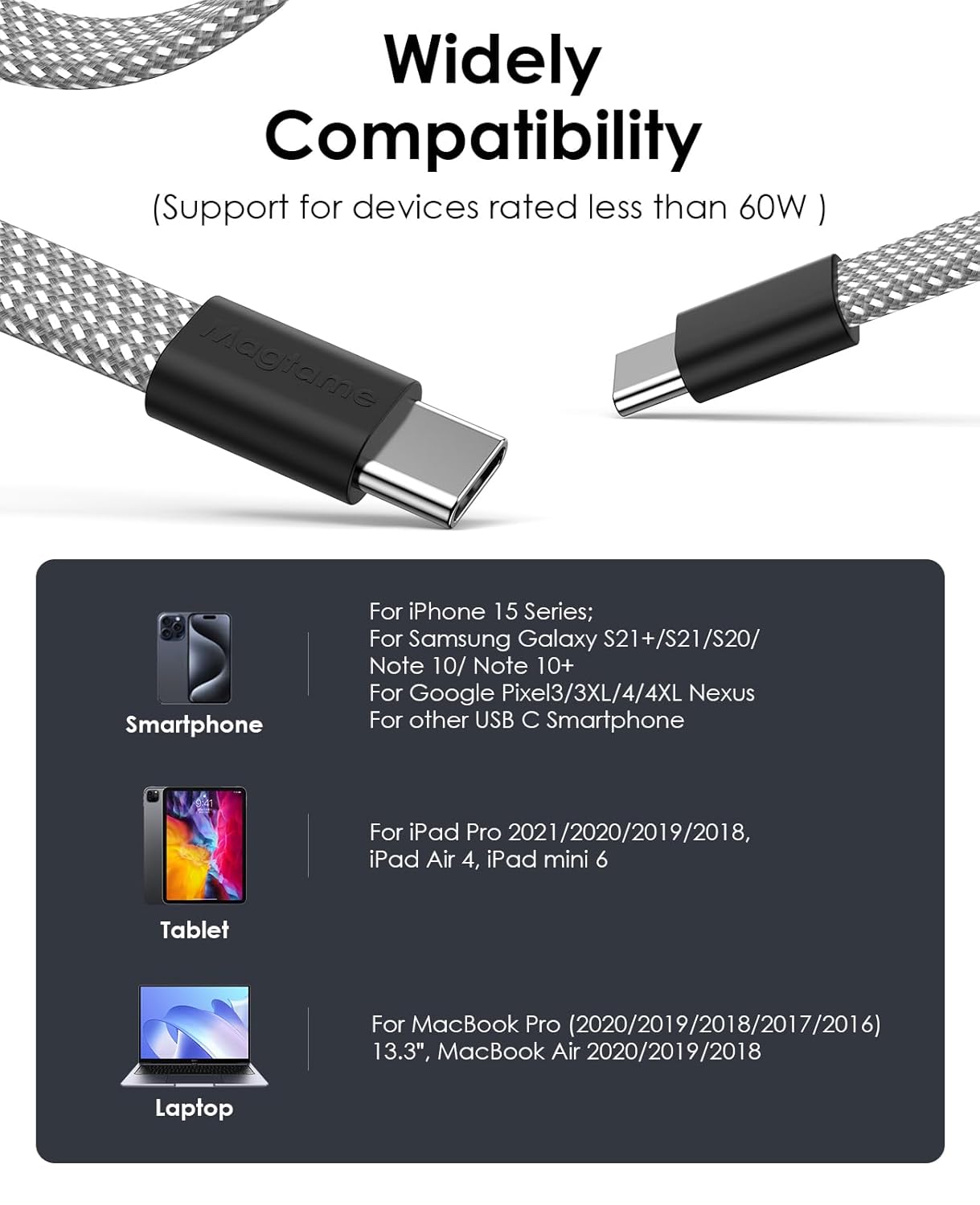 Thumbnail 6 de Magtame Magnetic USB-C Cable (Flat Coiled, 60W/3A, Retractable) – Fast Charging USB-C to USB-C, 3.3 ft, Silver