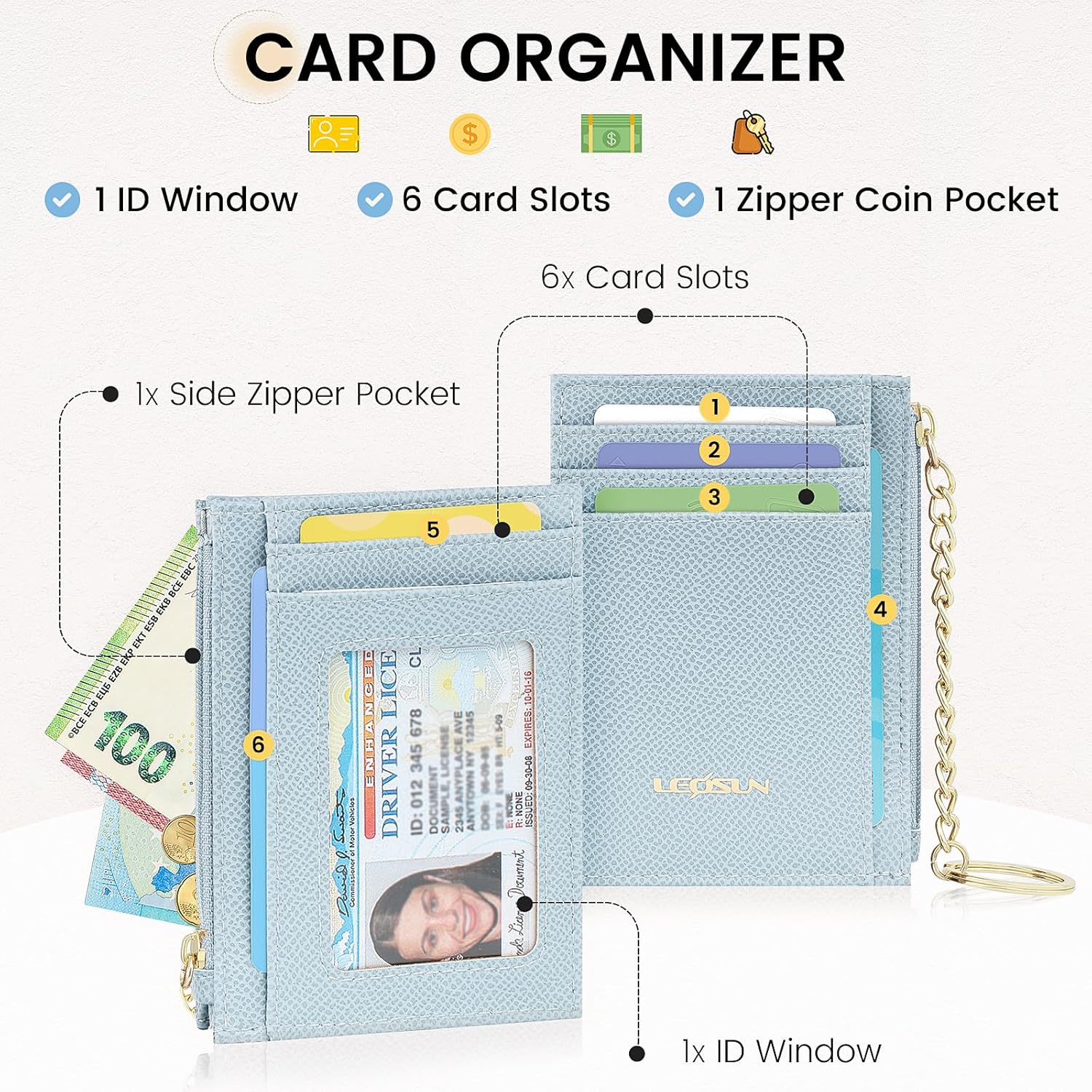 Detalle 2 de Mirevelle Slim Kartenetui mit Keychain – Minimalistischer Kartenhalter mit Reißverschluss, 6 Fächer, Ausweisfenster & Münzfach