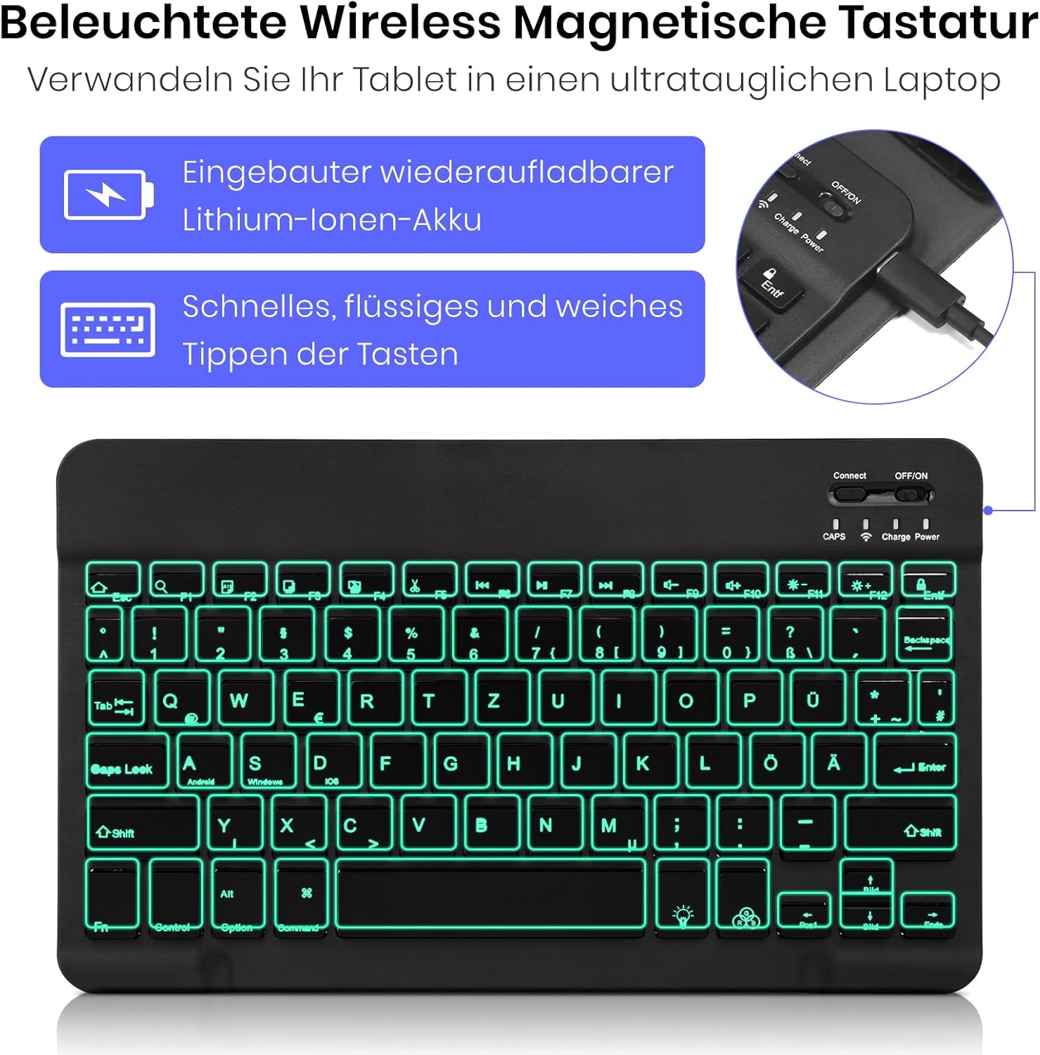 Detalle de KTOITION Hülle mit Tastatur für Samsung Galaxy Tab A11+/A9 Plus 11 Zoll – Abnehmbare Bluetooth-Tastatur mit Beleuchtung