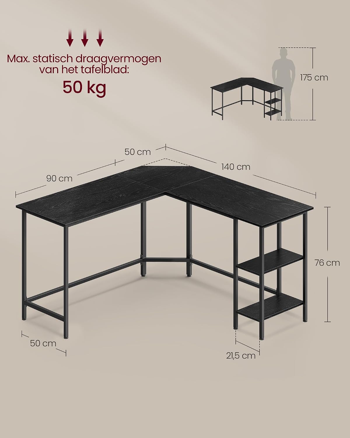 Detalle de VASAGLE BARNET LWD072B56 L-hoekbureau met 2 planken, zwart, 138 x 138 cm