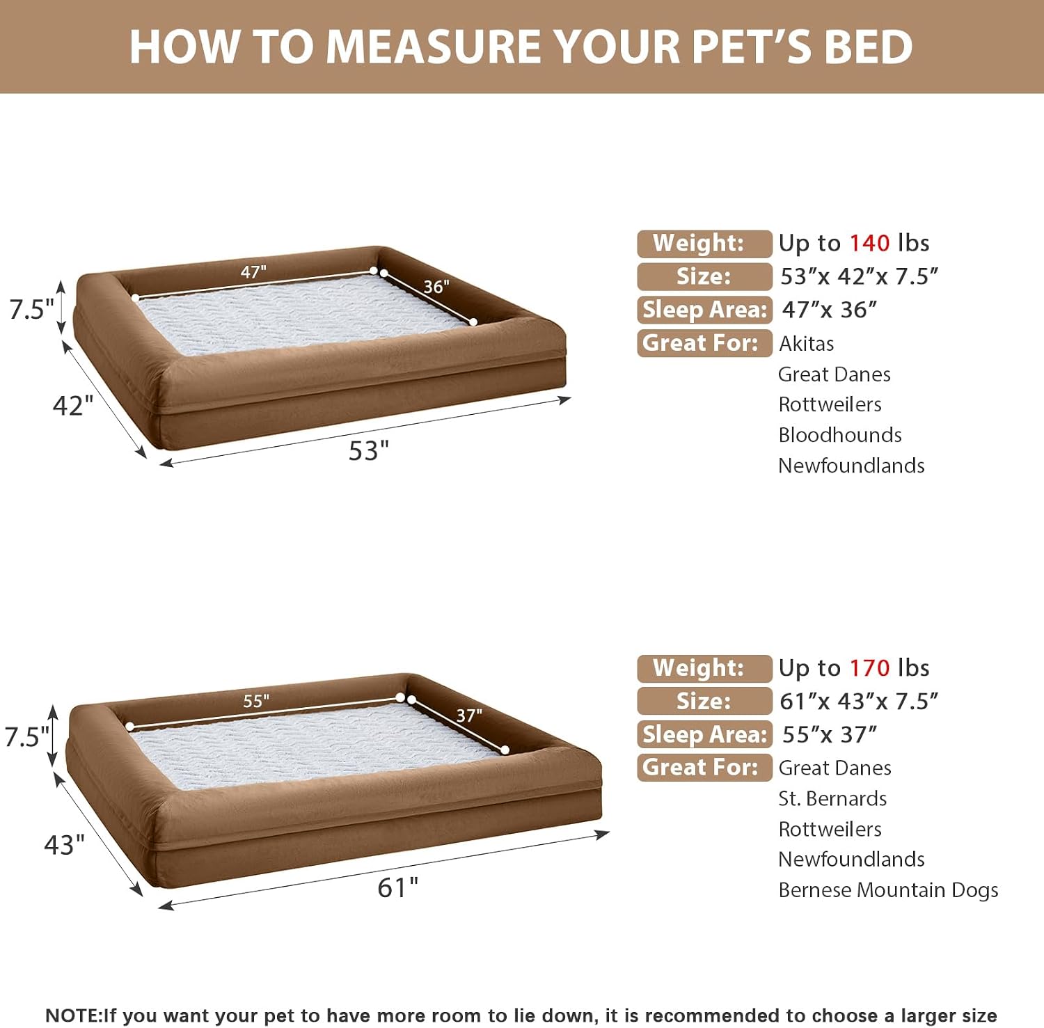 Detalle 1 de WNPETHOME XXXX-L Giant Dog Bed, Brown Velvet with Bolster Sides