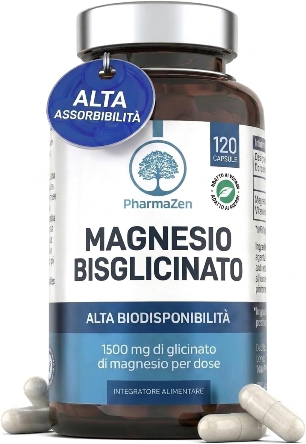 Detalle de Magnesio Bisglicinato 1500 mg con Vitamina B6 – PharmaZen, 120 capsule vegane