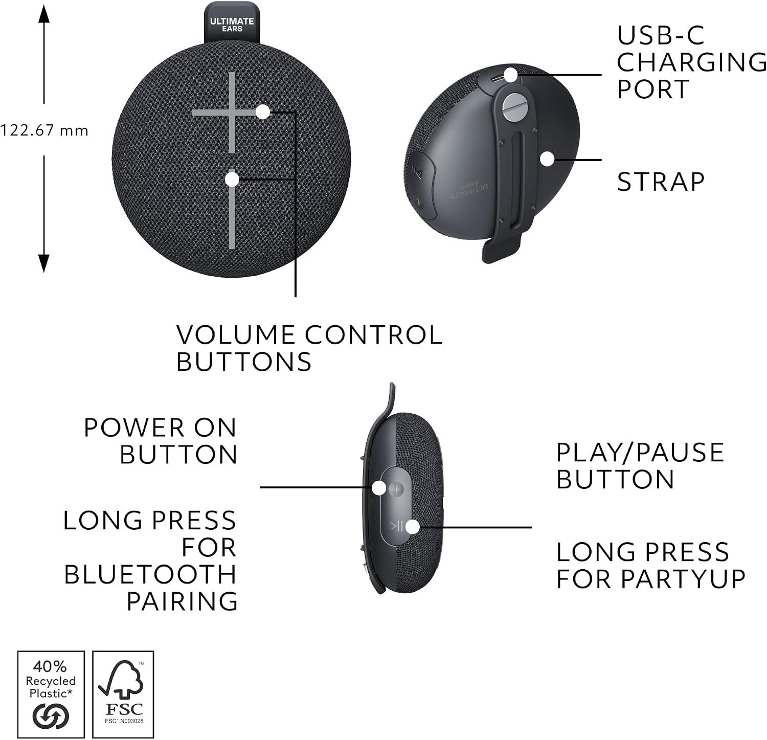 Thumbnail 6 de Ultimate Ears MINIROLL Ultra-Portable Waterproof Bluetooth Speaker (Gentle Black) – IP67, big bass