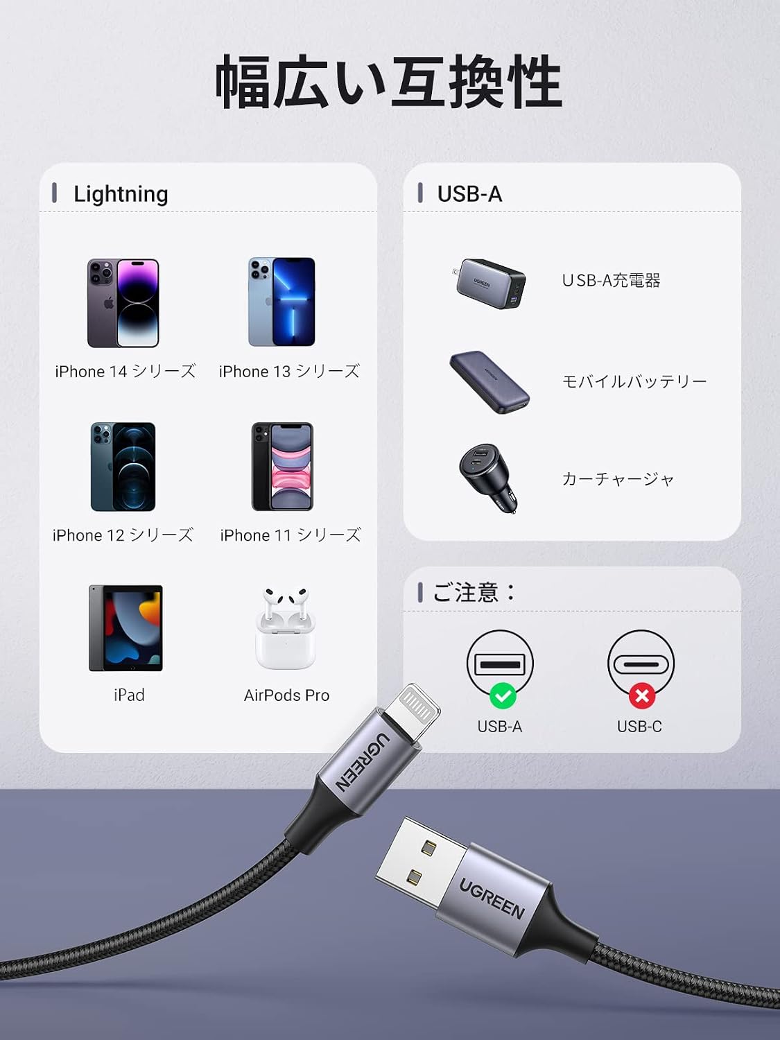 Thumbnail 6 de UGREEN MFi認証 Lightningケーブル 2m ナイロン編み グレー iPhone・iPad対応