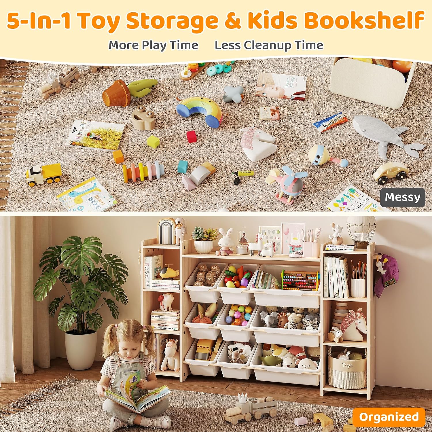 Thumbnail 3 de GITAWUSA Toy Storage Organizer, 6 Shelves, 9 Bins, 6 Hooks, 57-Inch