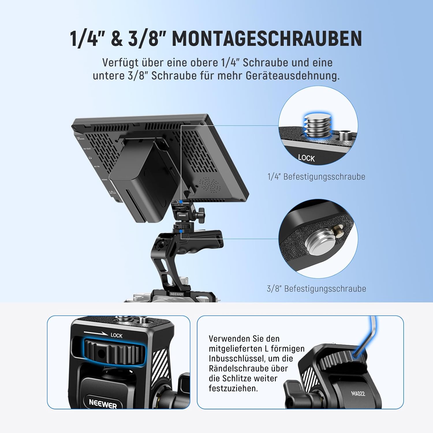Thumbnail 2 de NEEWER Kamera-Feldmonitor-Halterung (360° drehbar, 180° neigbar) mit 1/4"- & 3/8"-Schrauben