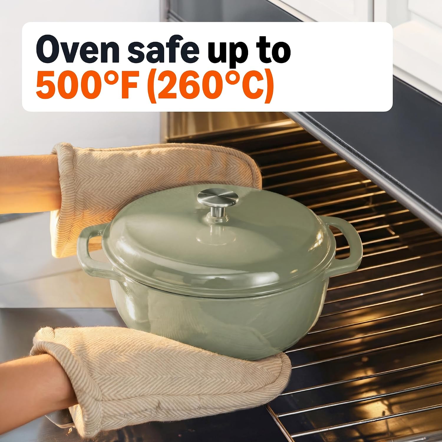 Detalle de Amazon Basics Enamelled Cast Iron Casserole Dish with Lid, Olive, 4.1 L