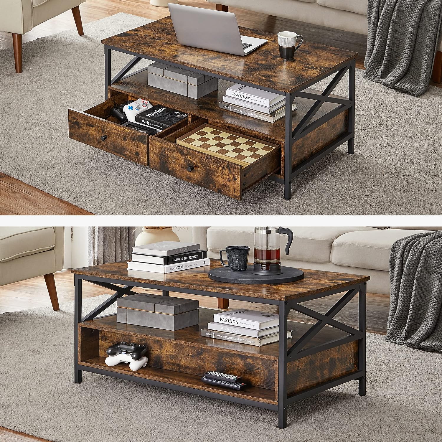 Detalle de VASAGLE LCT201B01 Coffee Table, 2 Drawers, Steel X-Frame, Rustic Brown and Black