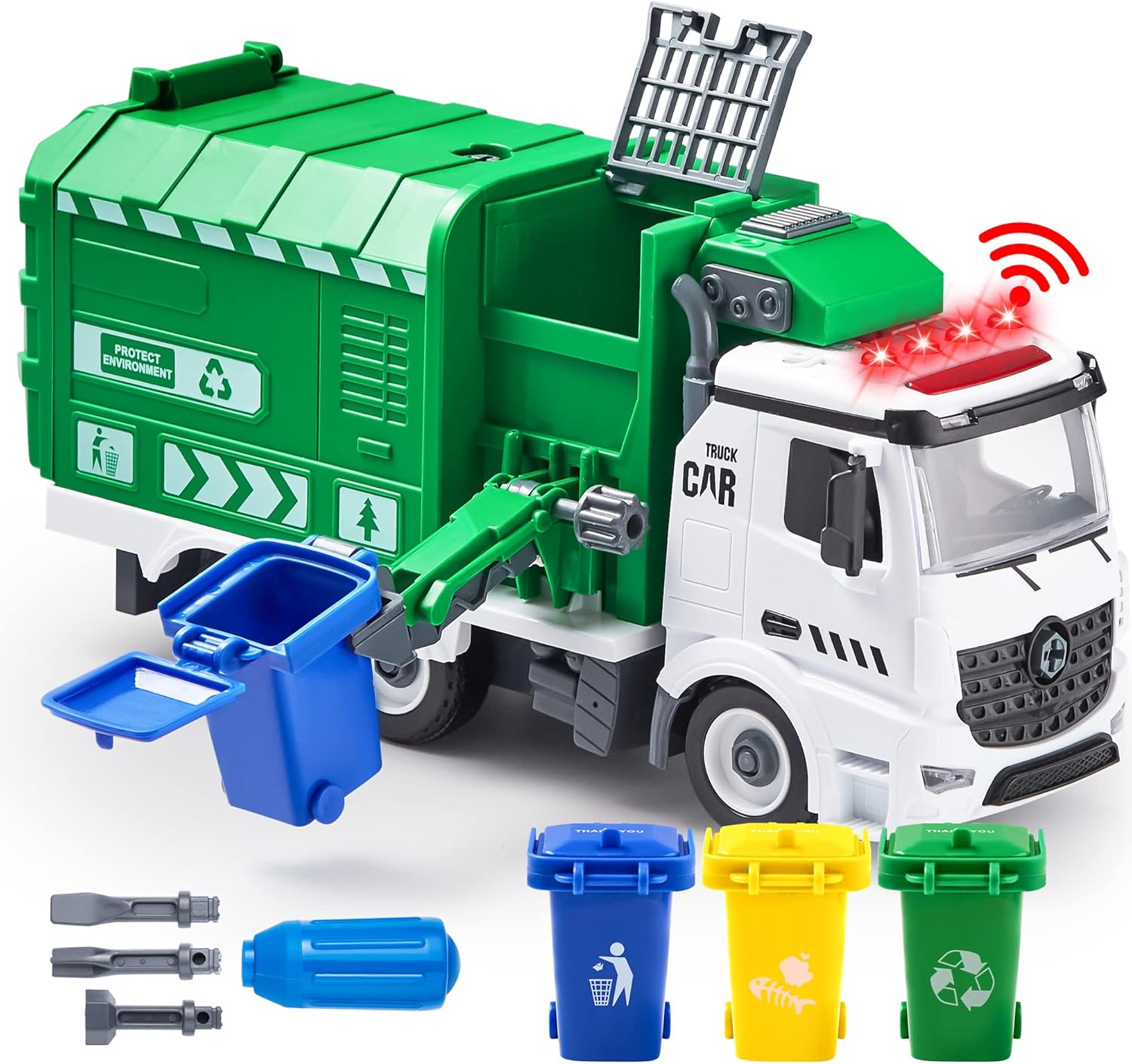 Detalle de JOYIN Jumbo Müllauto Spielzeug Müllwagen mit Licht & Sounds, 3 Sortiermülleimern und Schraubendreher (ab 3 Jahren)