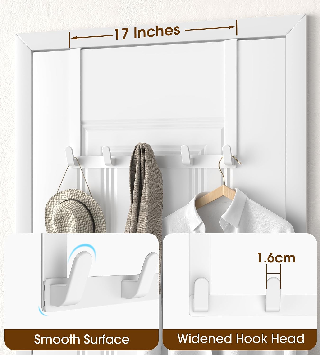 Thumbnail 4 de KitchLife L40U Over-the-Door Hook Rack, 15.75-Inch Arm, 5 Hooks, Glossy White