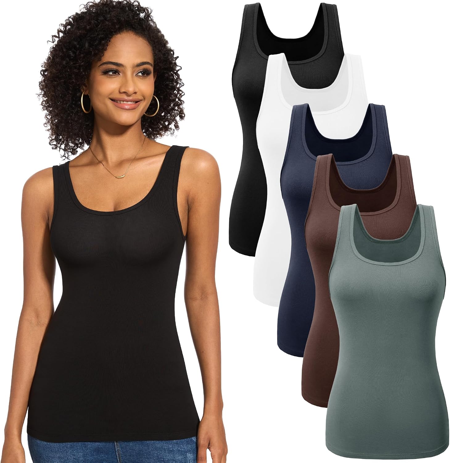 Detalle de JOVCOVL 3/5er Pack Damen Basic Tank Top mit U-Ausschnitt – Slim-Fit, Viskose/Elasthan
