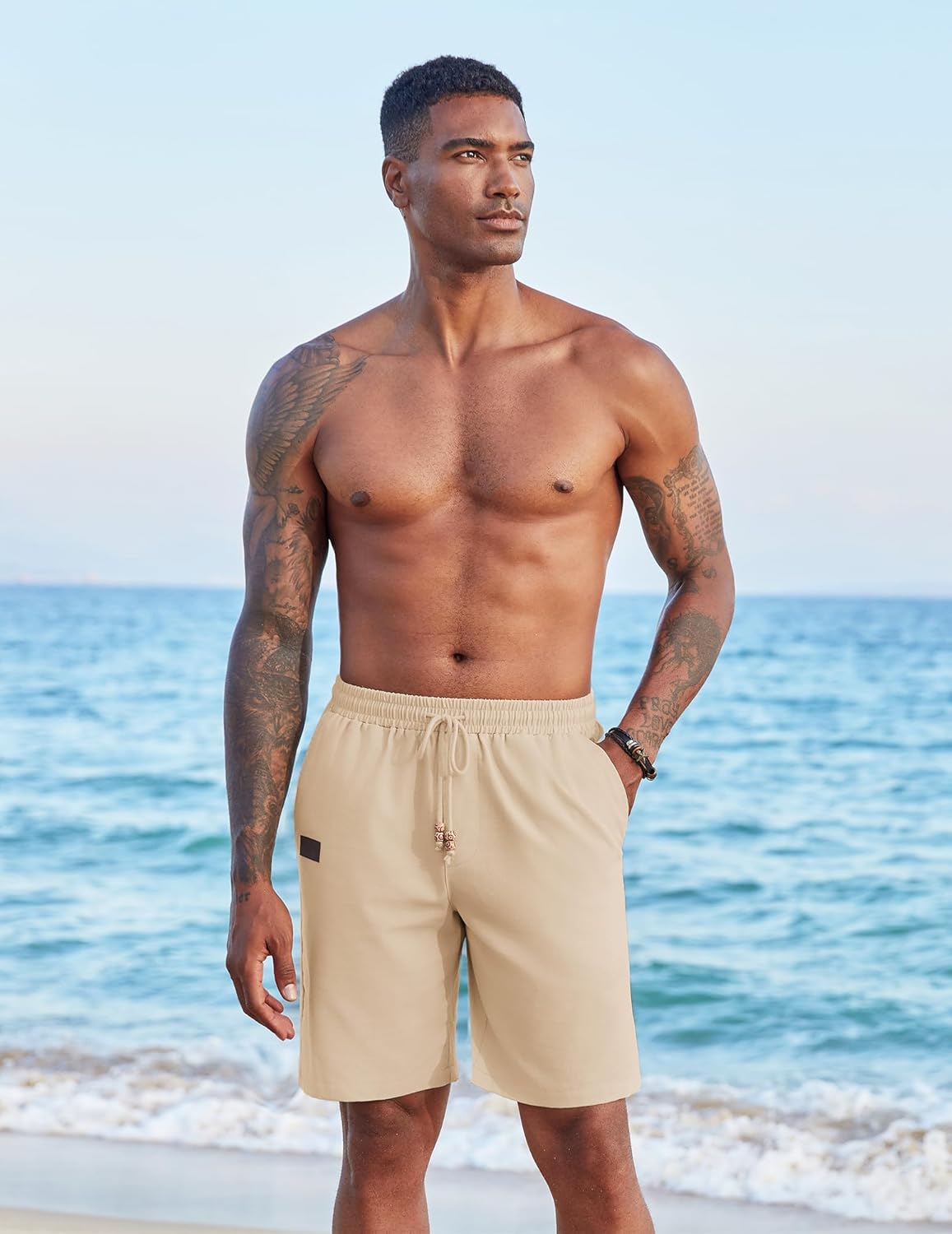 Detalle de COOFANDY Herren Leinen Shorts – Kurze Leinenhosen mit Gummibund und Bohemian-Detail