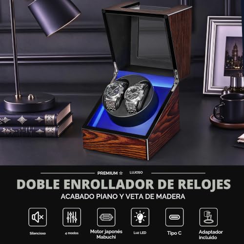 Detalle de BEWISHOME ESYQ02Y caja automática doble para relojes, 4 modos y LED