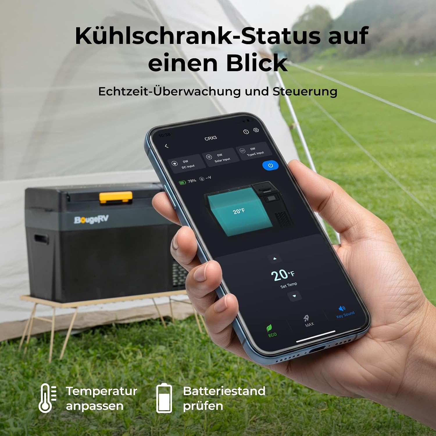 Detalle de BougeRV CRX3 Kompressor Kühlbox 28L mit Akku 240Wh – mobile Kühlung fürs Auto, Camping und Outdoor