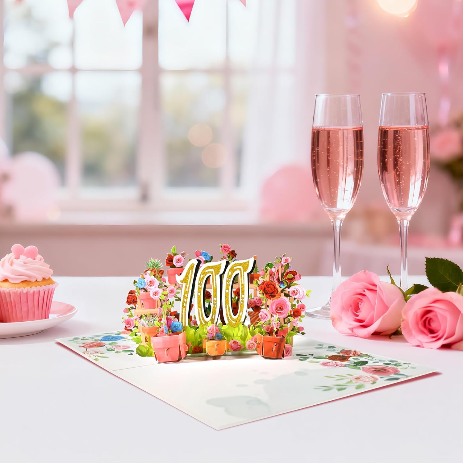 Thumbnail 3 de 100th Flower Birthday Pop Up Card for Women – Elegant 3D Garden Scene