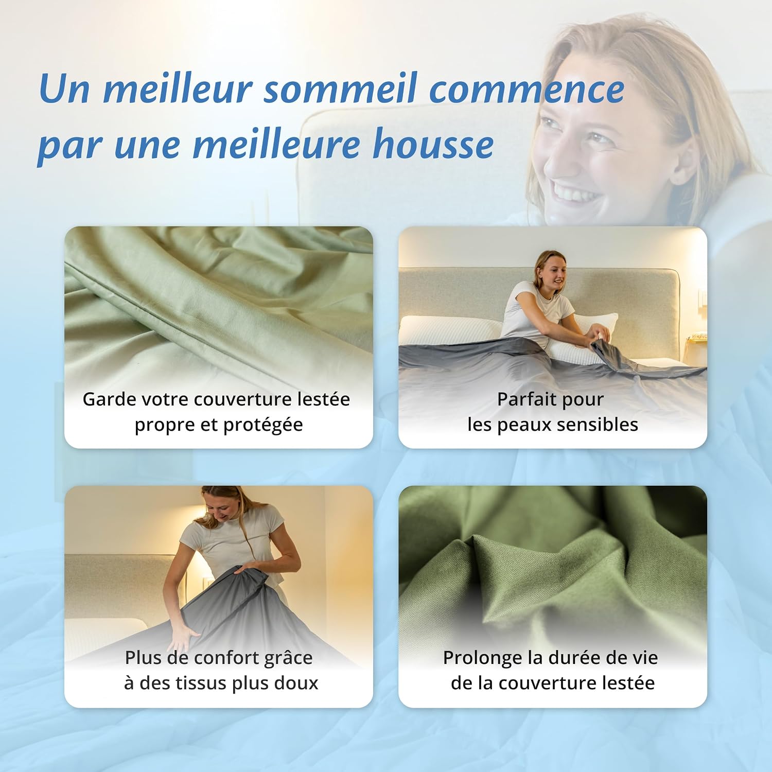Detalle de Ella Housse de Couette 200x200 cm pour Couverture Lestée – 100% Coton – Pour 11 kg et 13 kg | Blanc Naturel