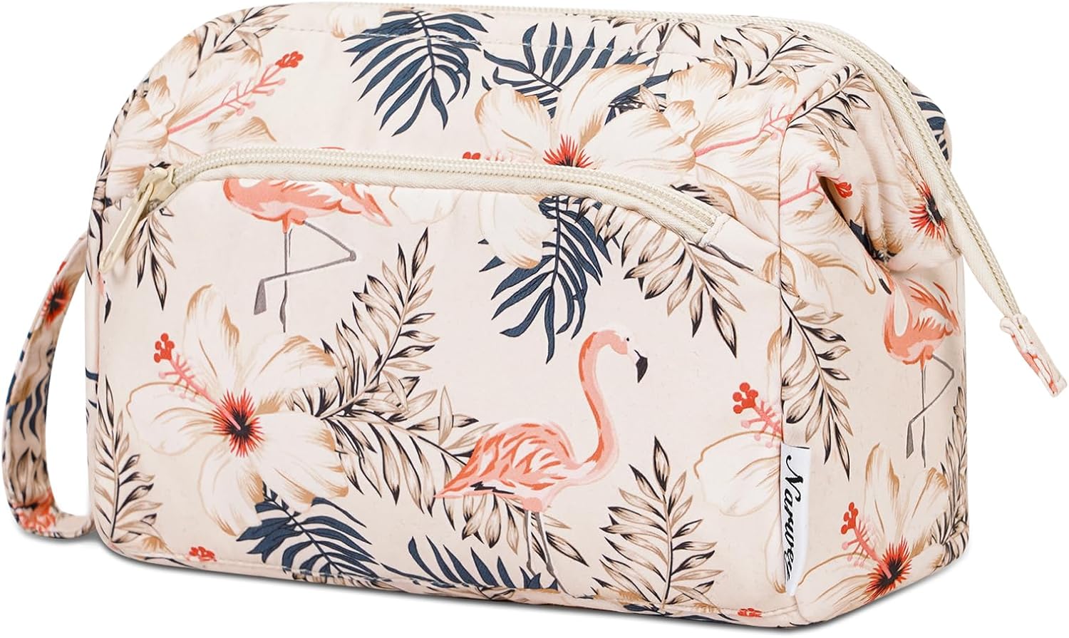 Detalle de Narwey Klein Kulturtasche Damen – Weit geöffnete Kosmetiktasche mit Fächern, Beige Flamingo