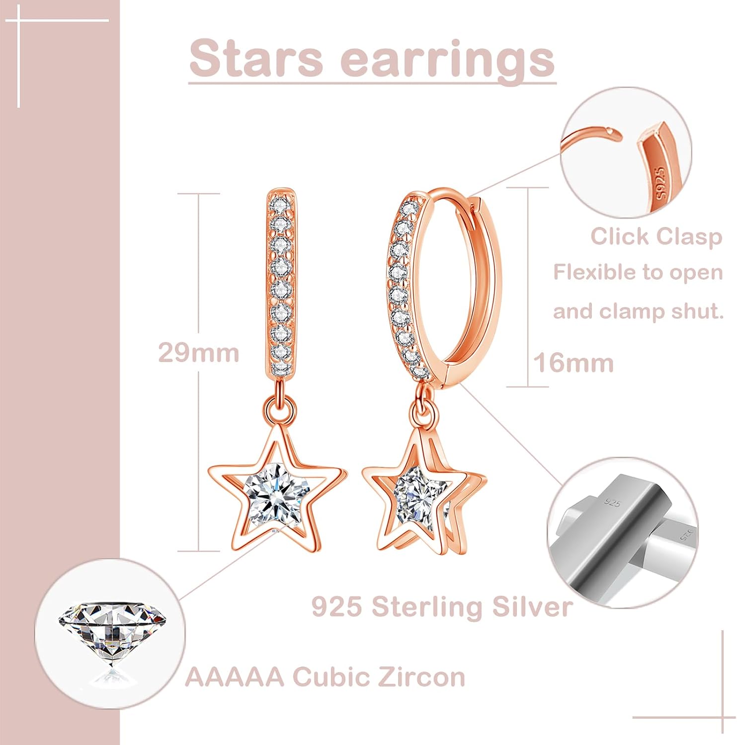 Detalle de Josfeva 925 Sterling Silver Hanging Hoop Earrings with Zirconia Star/Teardrop/Heart Pendants
