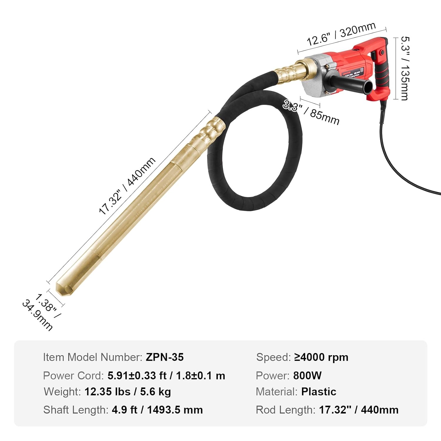 Thumbnail 6 de VEVOR Vibrateur à béton électrique 800 W – vibreur portatif pour éliminer les bulles d’air