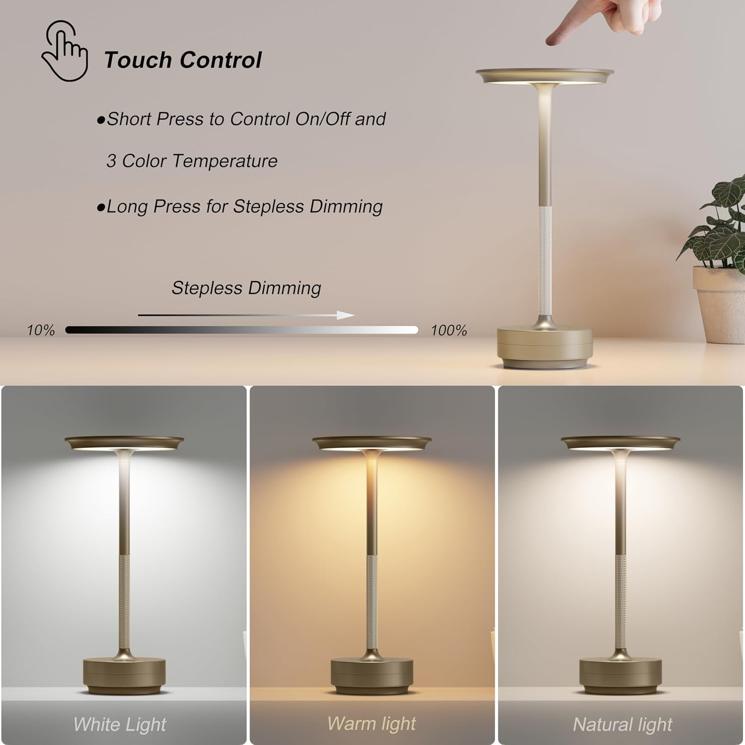 Detalle 2 de TBBGA 2-Pack Rechargeable Cordless Table Lamps with Stepless Dimming (Champagne Gold)