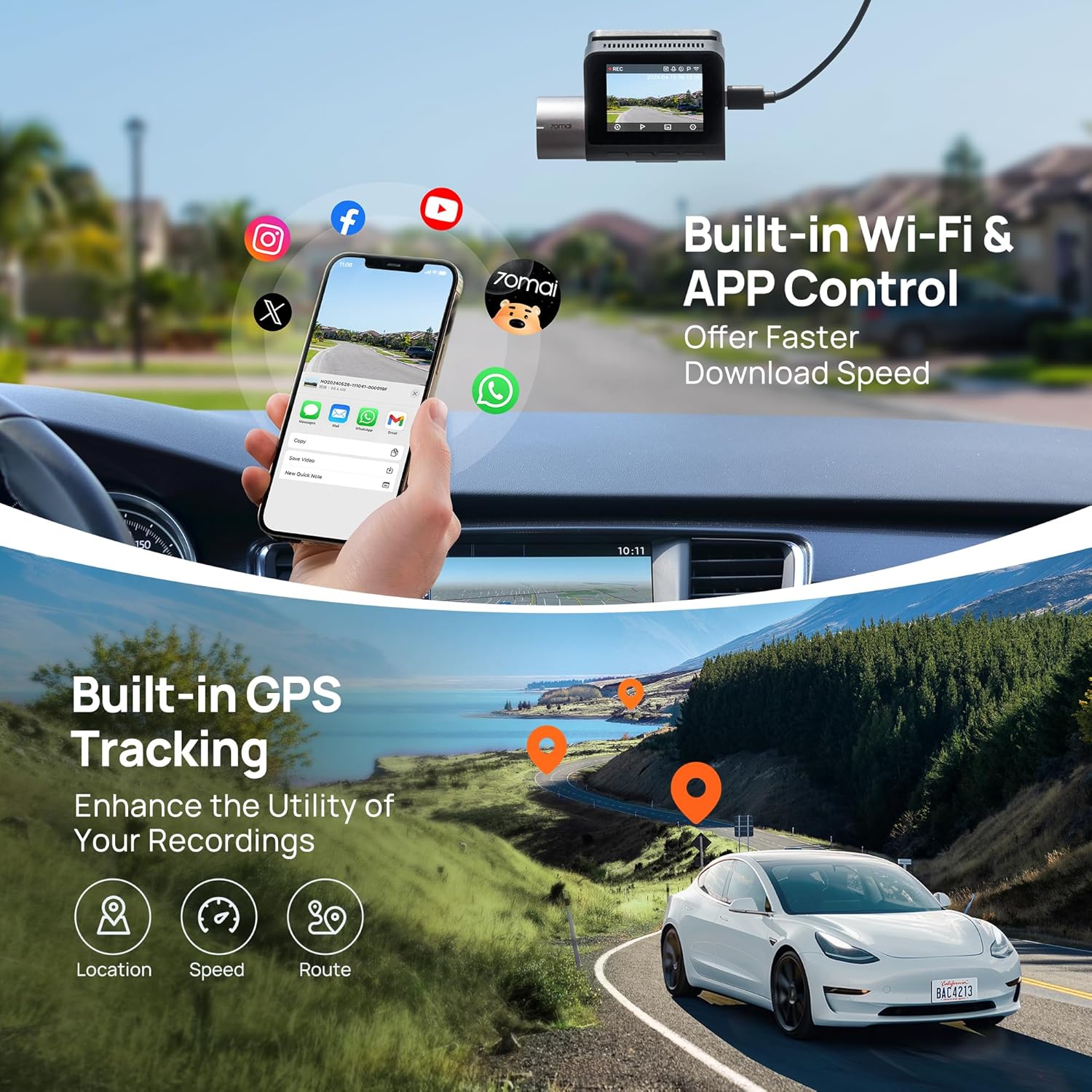 Thumbnail 6 de 70mai 2.7K Dash Cam Front and Rear A510 (1944P+1080P) with STARVIS 2, GPS, 4G LTE and 64GB card