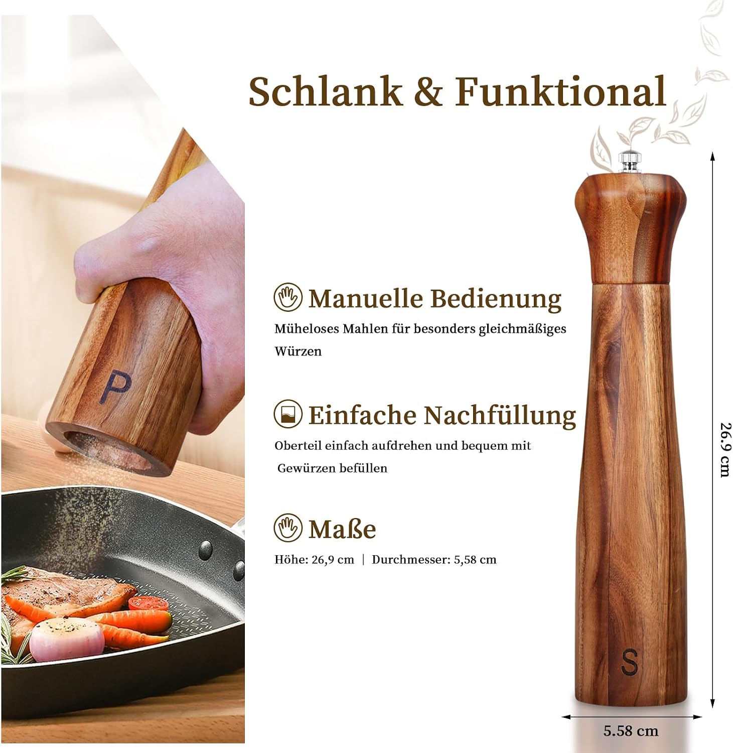 Thumbnail 2 de Haomacro zout- en pepermolenset van acaciahout, 25,5 cm, keramisch maalwerk