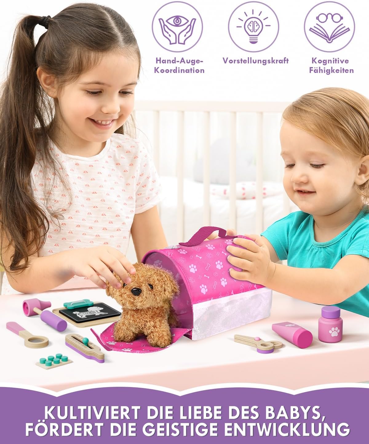 Detalle de SOGAWEBB Arztkoffer Kinder Holz – Tierarzt Spielzeug mit Kleidung, Hut & 21-teiligem Rollenspiel-Set (Rosa)