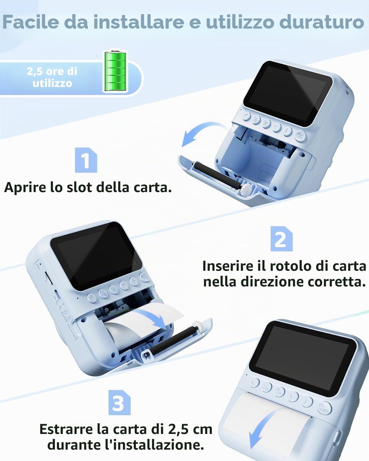 Detalle de TIATUA Macchina Fotografica Bambini Istantanea 3.0" Blu con 32GB e 3 Rotoli di Carta - Regalo Educativo per Ragazze e Ragazzi 3–12