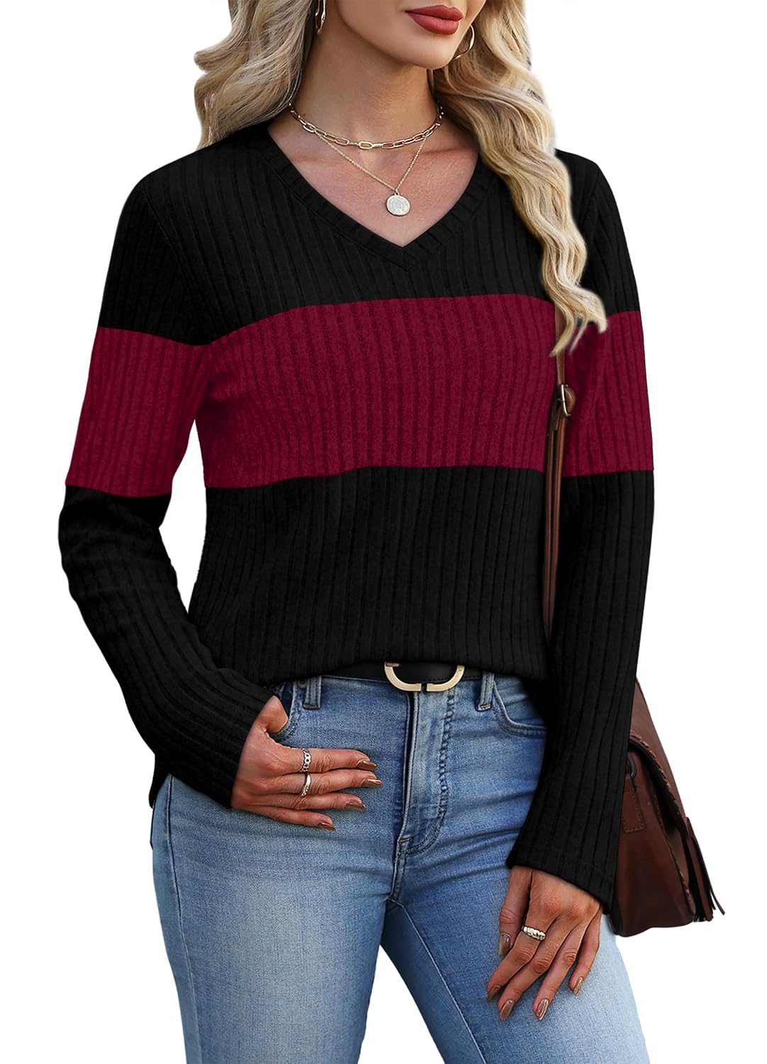 Thumbnail 2 de WIHOLL Women's Colour-Block V-Neck Long-Sleeve Sweater Top