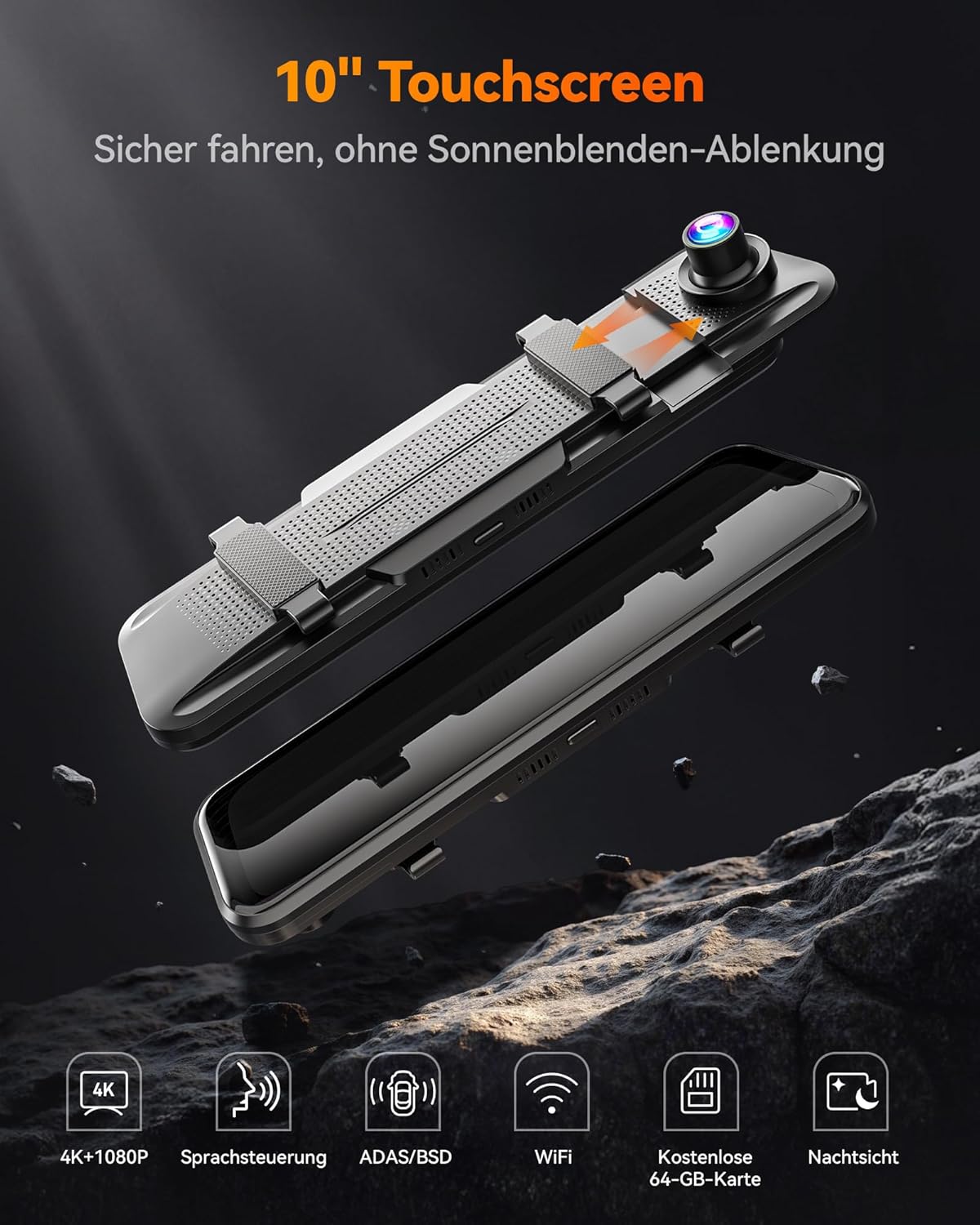 Thumbnail 2 de WOLFBOX M40 10" Rückfahrkamera-Spiegel mit 4K-Vorderkamera, 1080P-Rückkamera, ADAS/BSD, Sprachsteuerung, Wi‑Fi & GPS