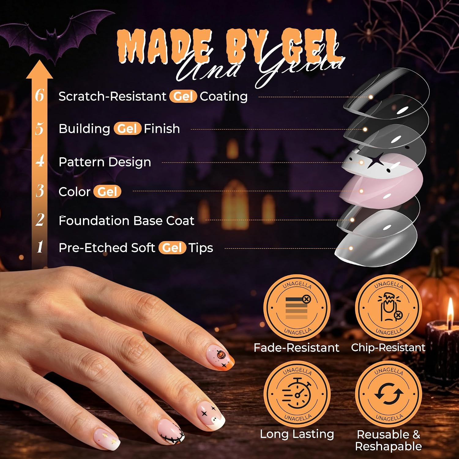 Detalle de UNA GELLA UG-BX014 Halloween Press-On Nails, Short Squoval, 32 Pieces