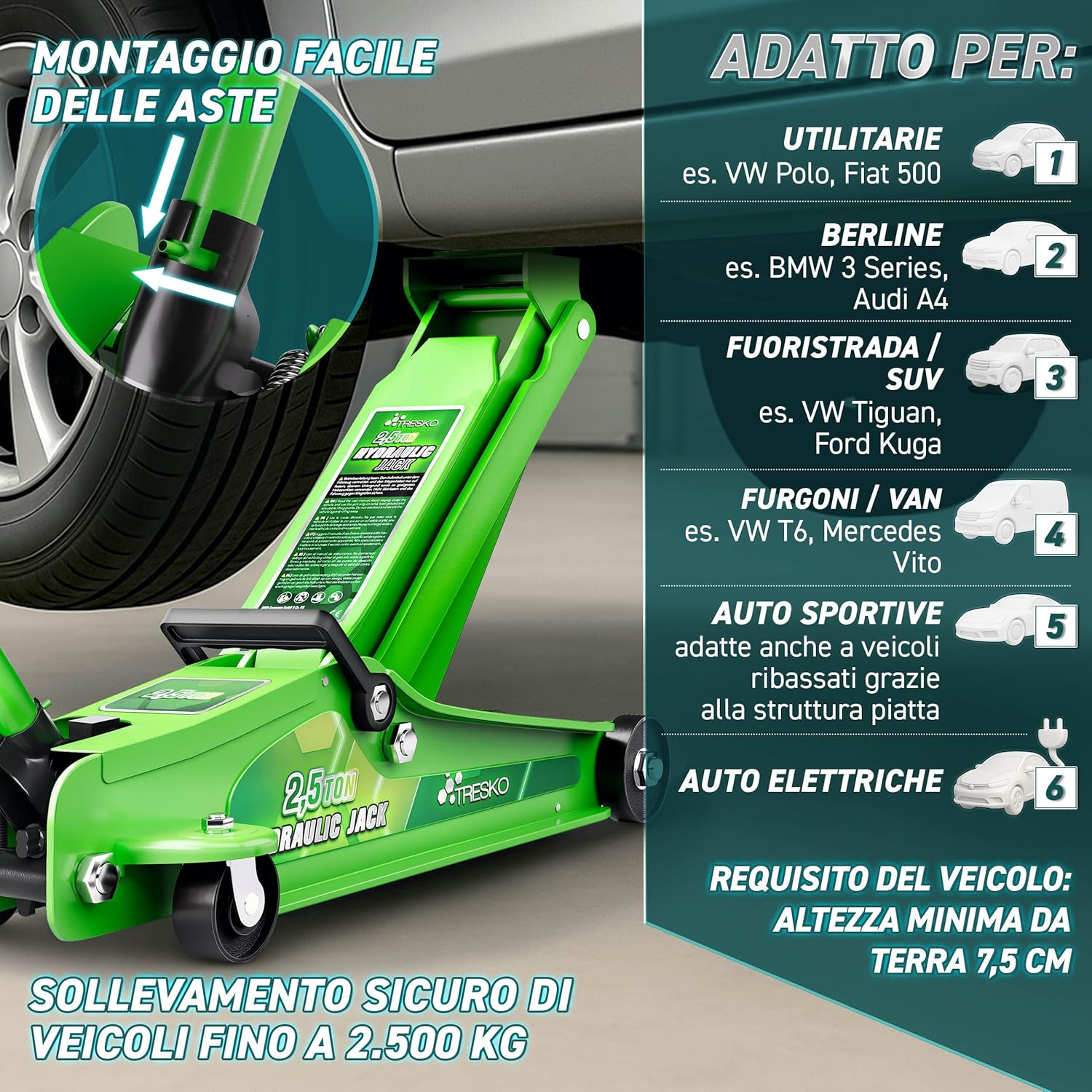 Thumbnail 2 de TRESKO Cric idraulico 2,5 tonnellate: elevazione 85–385 mm, robusto e manovrabile