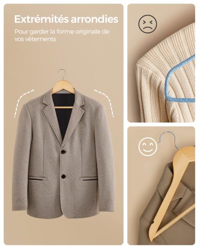 Detalle de SONGMICS Cintres en bois massif, Lot de 20 avec encoches antiglisse et crochets pivotants