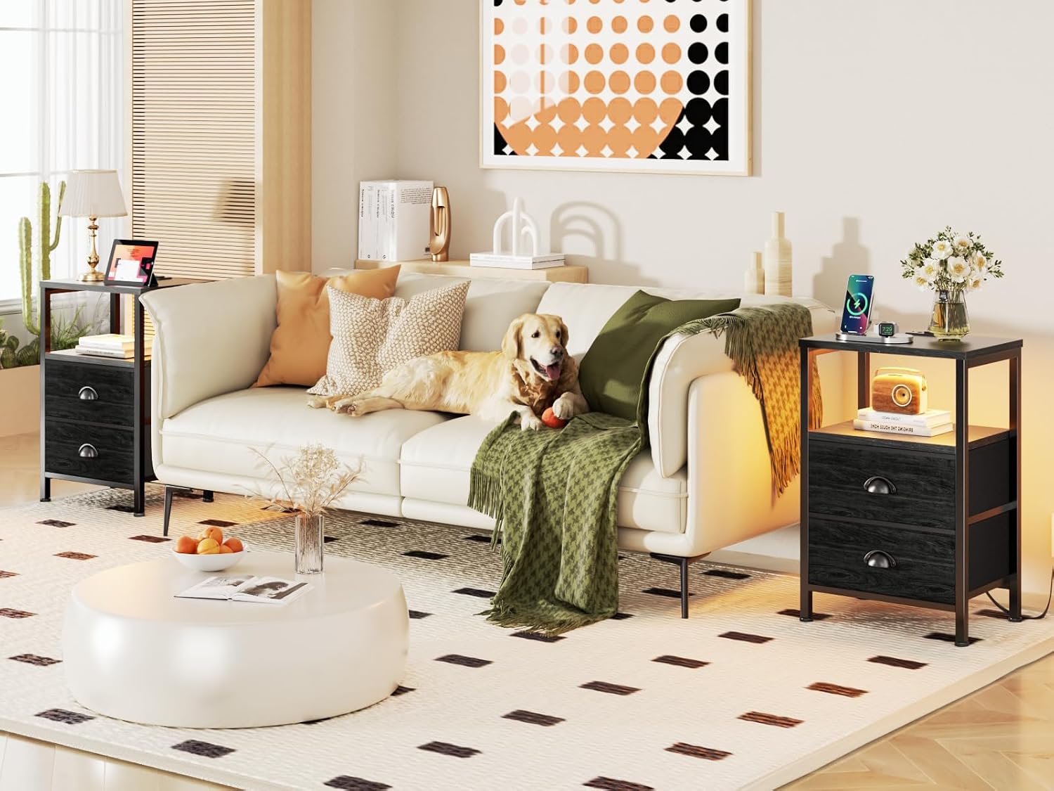 Thumbnail 1 de Furologee Nightstands Set of 2 with Charging Station, LED Lights, and Fabric Drawers — Black Oak
