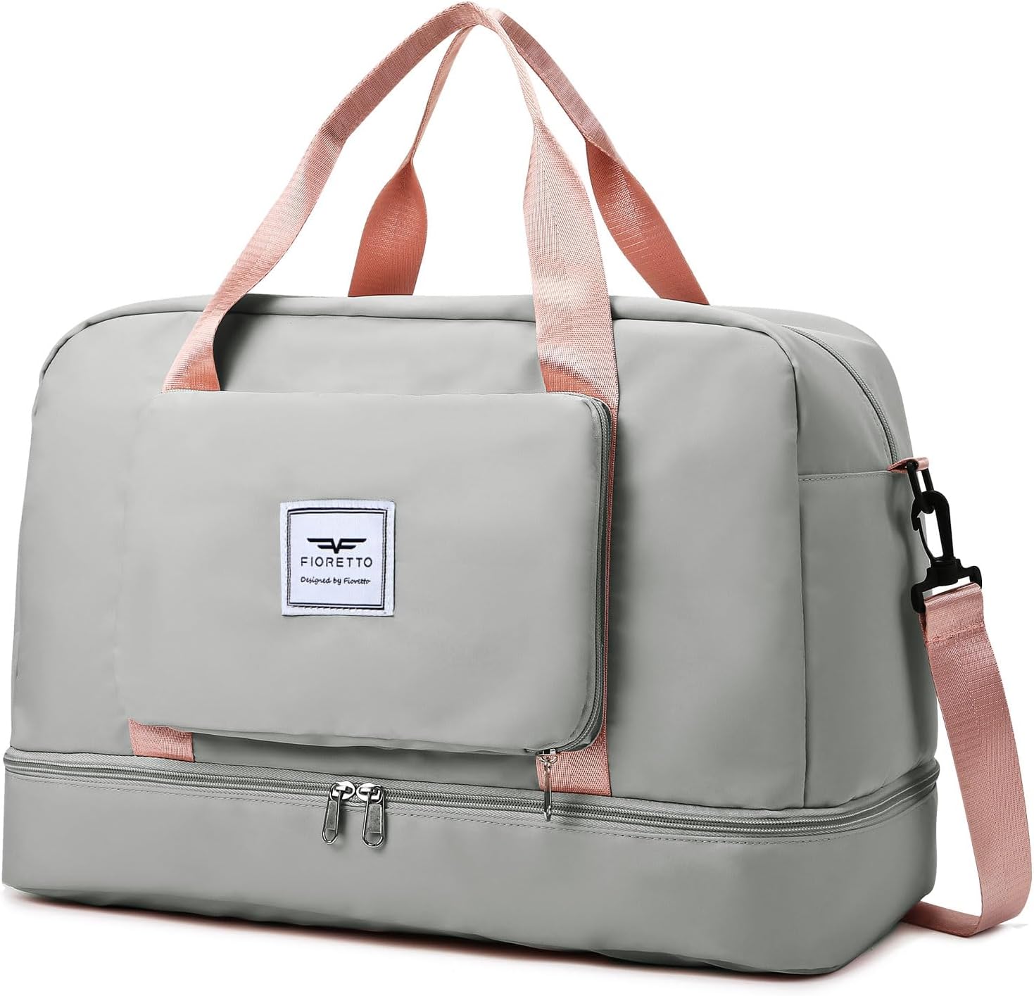Detalle de FIORETTO Foldable Weekend Bag with Shoe Compartment & Wet Pocket – 45L, Grey & Pink